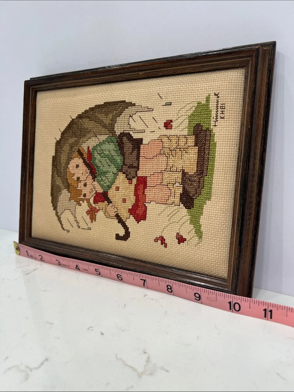Vintage Hummel Style Cross Stitch “Stormy Weather” Framed Wall Art